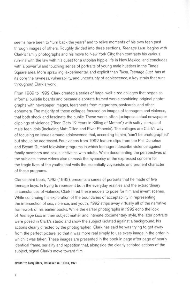 Deuxième page du texte de Brian Wallis consacré à Larry Clark