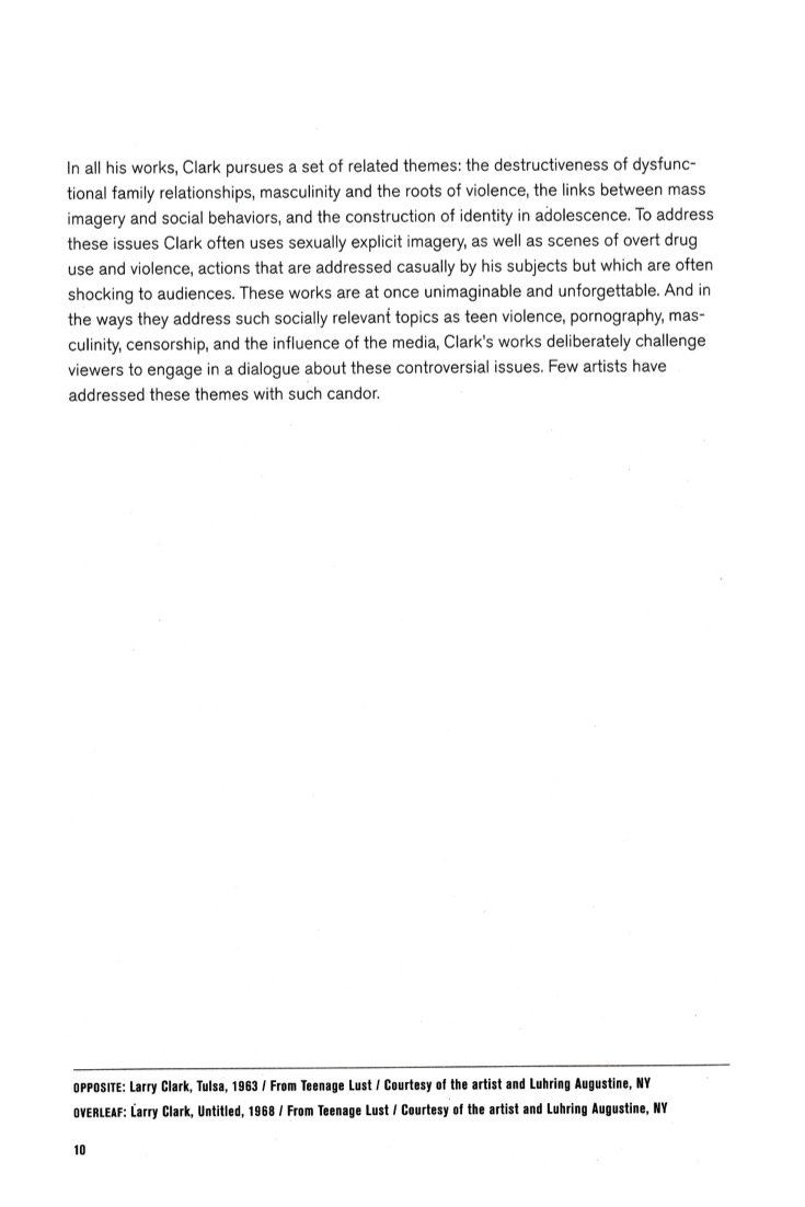Dernière page du texte du livret de la rétrospective Larry Clark à l’ICP