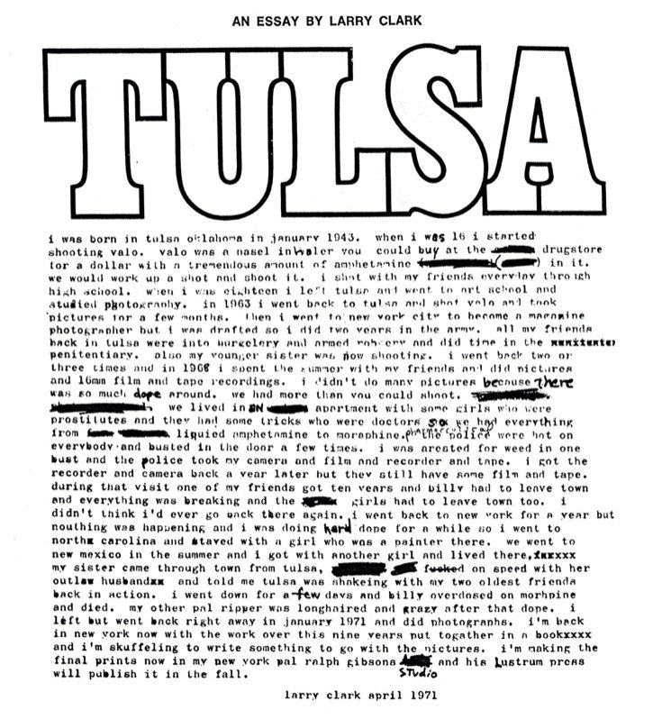Reproduction du texte original Tulsa, An Essay by Larry Clark